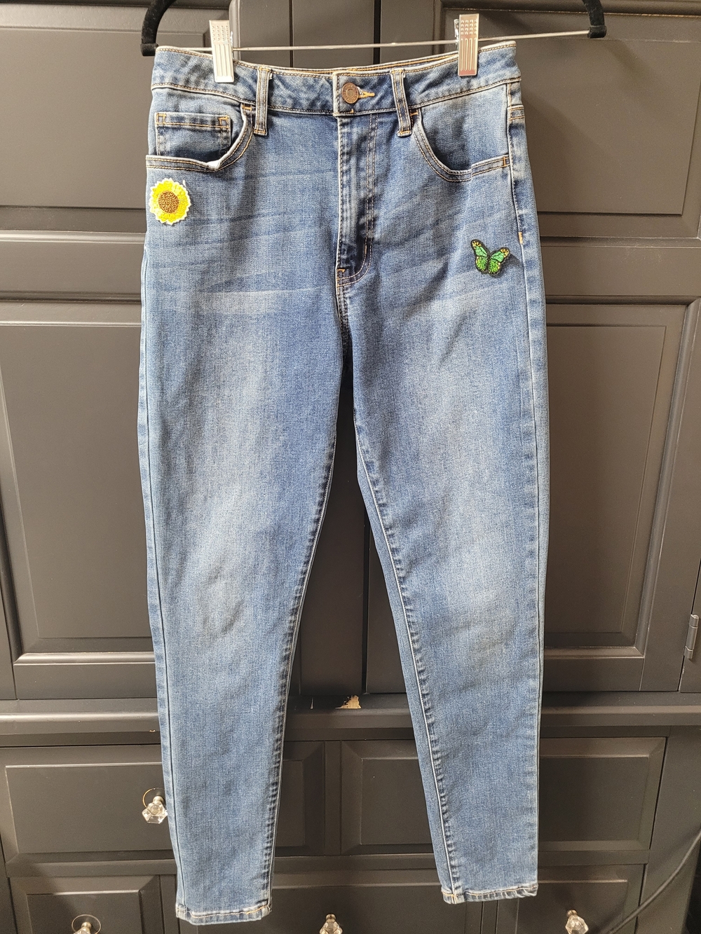 Forever 21 Light Blue High-Rise Jeans with Sunflower & Green Butterfly Patches